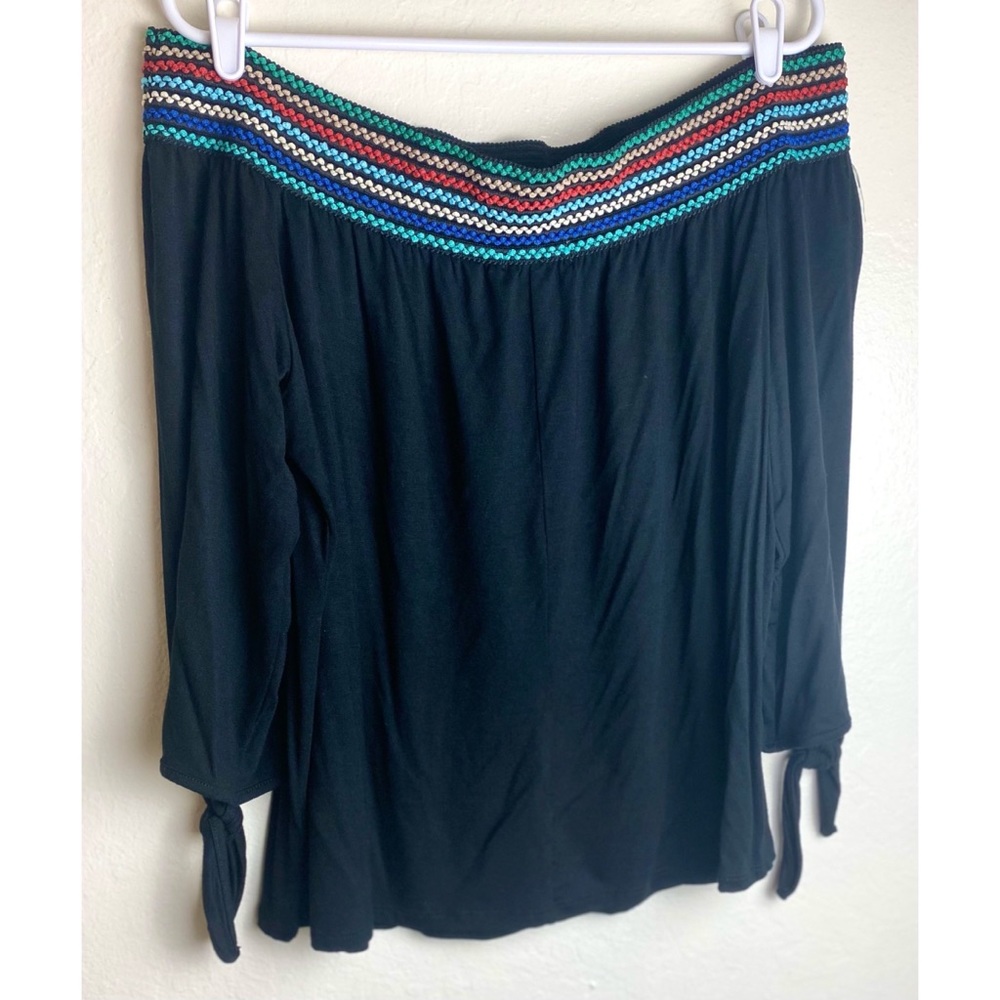 NWT Black Off The Shoulder Top with Colorful Embroidered Stripes and Bow Sleeves